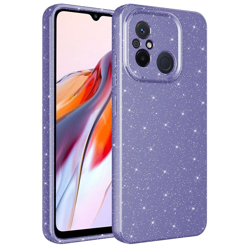 Glitterli mor bir telefon kılıfı. Telefon ekranında renkli soyut bir arka plan görülüyor. Kılıf, telefonun arka ve yanlarını kaplıyor.