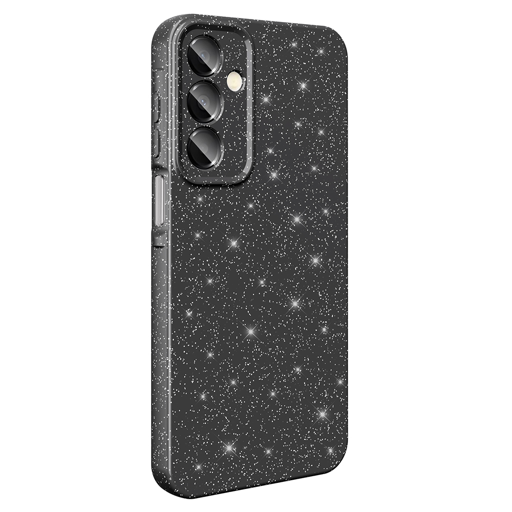 Parlak simli siyah telefon kılıfı. Kamera kesimi ve yan düğmeleri bulunur.