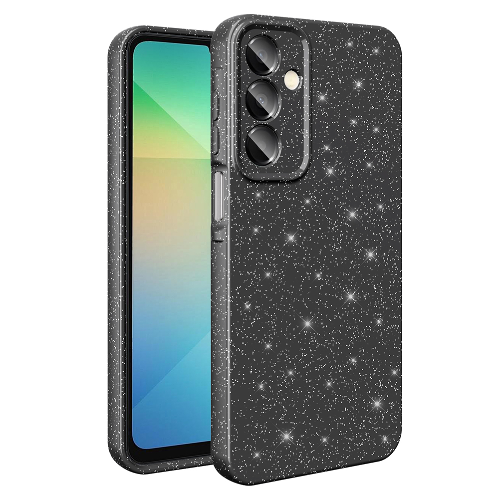 Glitterli ve telefonlu siyah bir telefon kılıfı. Telefon ekranı yeşil ve kılıfta kamera boşlukları var.