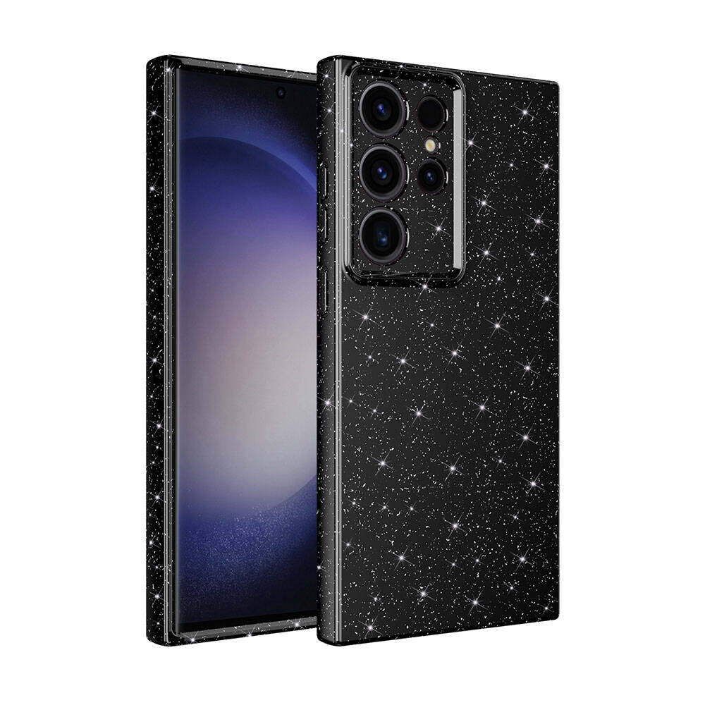 Parıldayan bir kılıfa sahip siyah bir telefon. Kılıf, çoklu lensli bir kamera modülüne sahip. Telefonun ekranı görünür durumda.