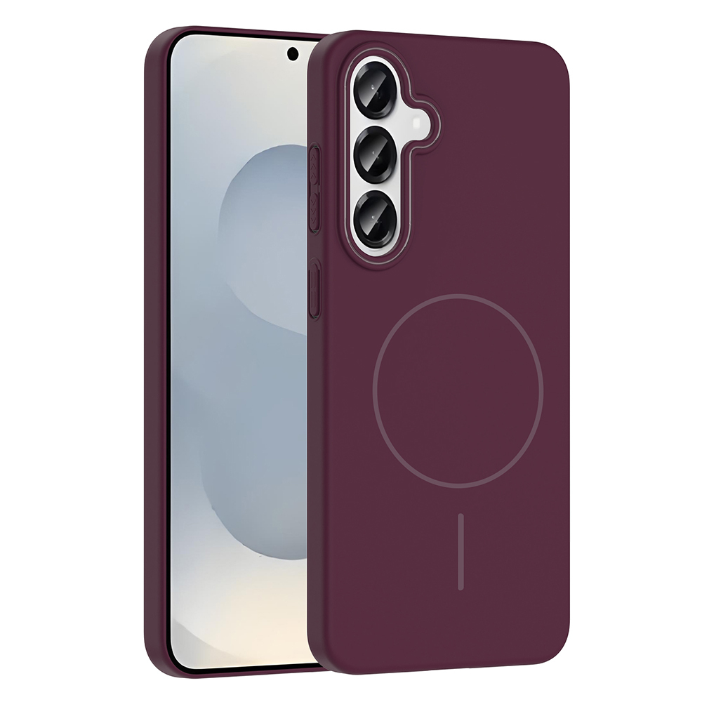 İçinde bir telefon bulunan bordo renkli bir telefon kılıfı. Kılıfın dairesel bir tasarımı ve bir kamera kesimi vardır. Telefon ekranı görünür.