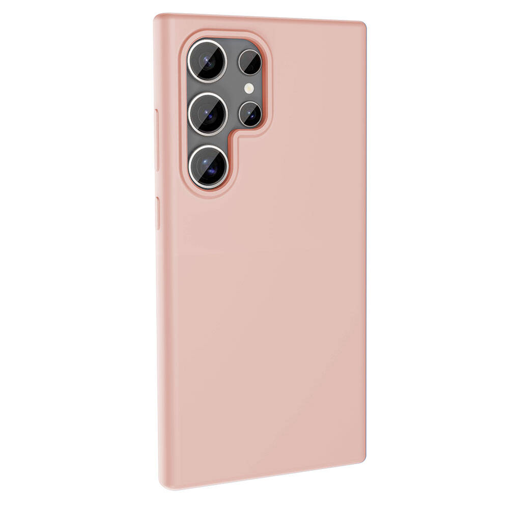 Açık pembe bir telefon kılıfı. Sol üstte çoklu kamera lensleri var. Kılıf pürüzsüz ve dikdörtgen şeklinde.