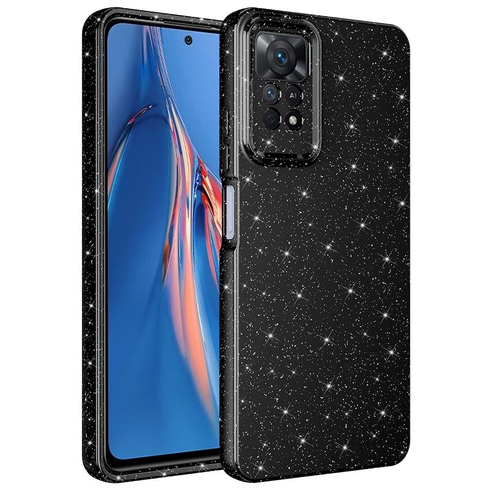 Parlak tasarımlı siyah bir akıllı telefon kılıfı, telefonun ekranını ve kamera detaylarını gösteriyor.