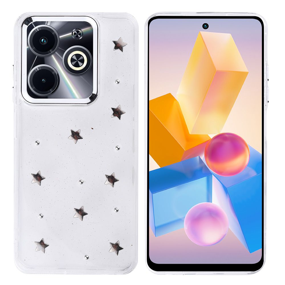 Yıldız desenli bir telefon kılıfı ve soyut şekiller ve iki küre gösteren bir telefon.