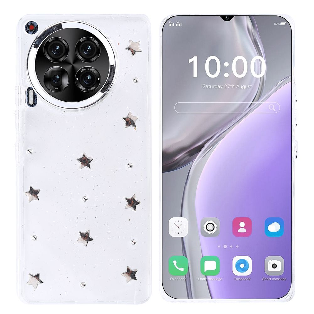Yıldızlarla süslenmiş beyaz bir kılıfı olan bir akıllı telefon. Ekran, saati ve uygulama simgelerini gösteriyor.