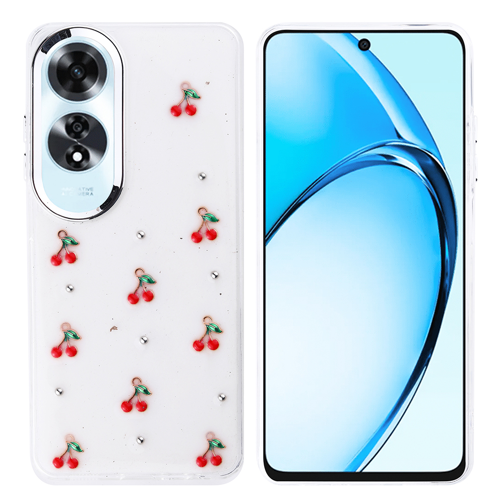 Kiraz süslemeli şeffaf kılıflı bir telefon. Telefon ekranı açık, mavi soyut bir desen gösteriyor.