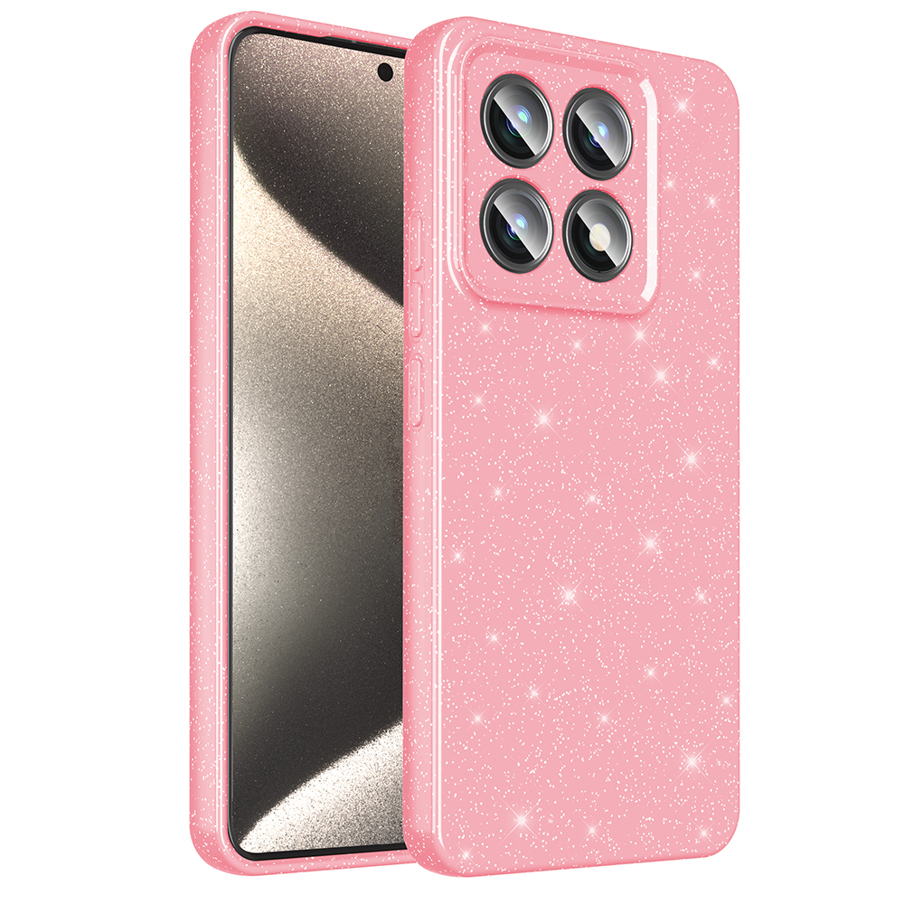İçinde bir telefon bulunan pembe, ışıltılı bir telefon kılıfı. Kılıfın dört kamera merceği var. Telefonun ekranı siyah.