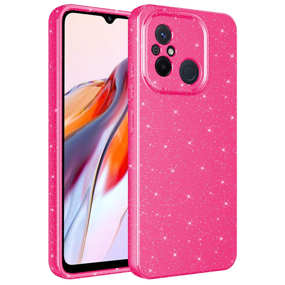 Pembe parıltılı bir telefon kılıfı. Siyah ekranlı bir telefonun yanında. Kılıfın kamera delikleri var.