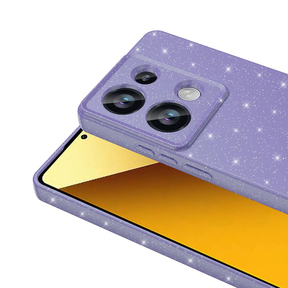 Simli mor bir telefon kılıfı, kamera lensleri, turuncu ekranlı bir telefon ekranının üzerinde.