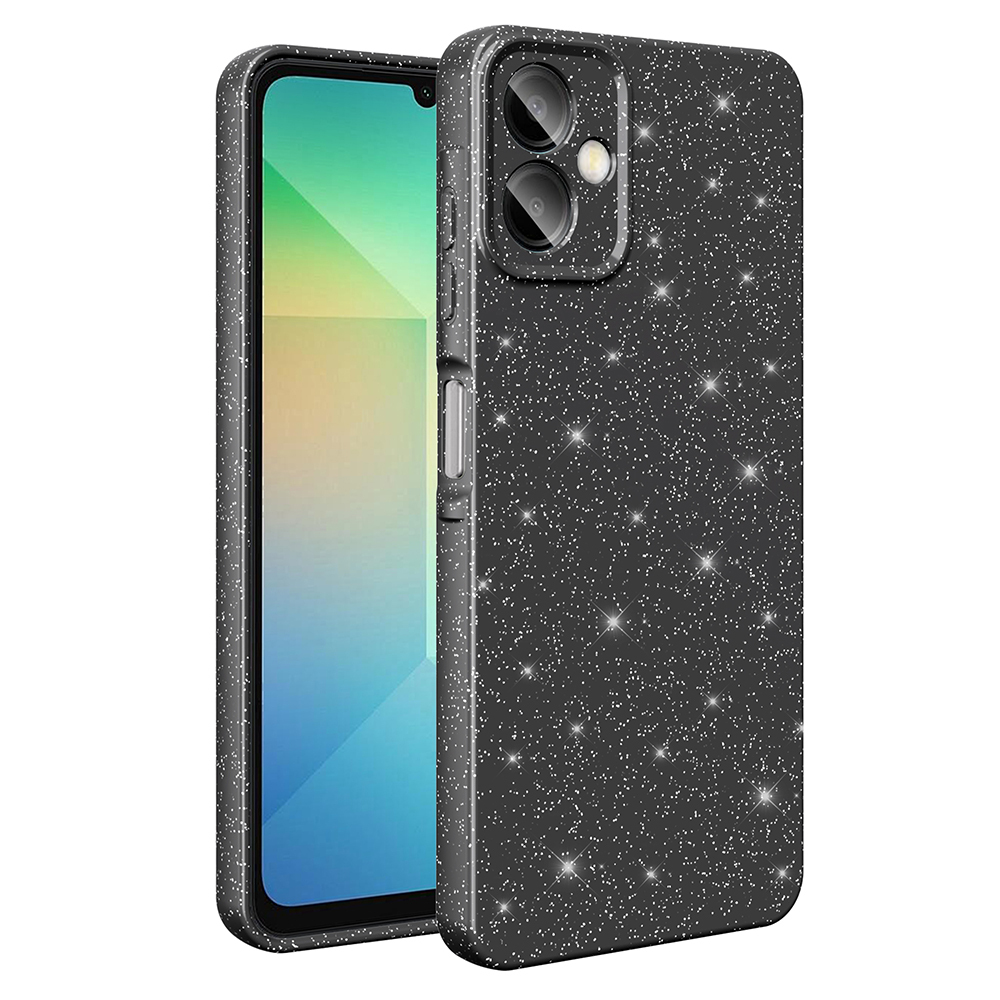 Parıltılı tasarımlı siyah bir telefon kılıfı. Telefon ekranı görünür durumda.