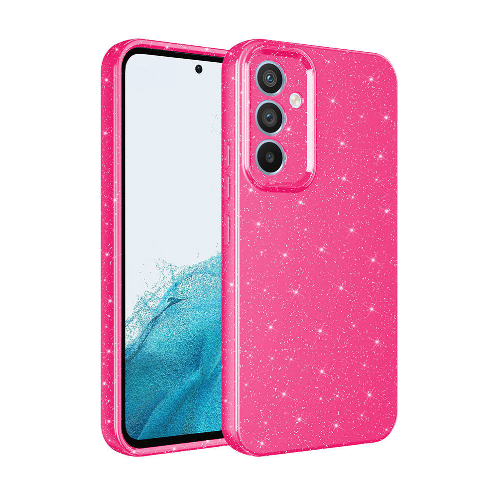 Pembe parıltılı bir telefon kılıfı ve telefon gösteriliyor. Telefonun beyaz bir ekranı var. Kılıfın üç kamera kesimi var.