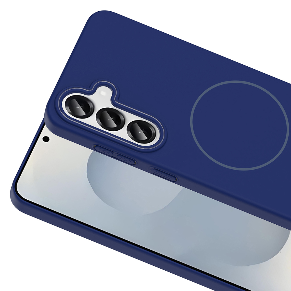 Kamera modülü ve dairesel işaretli mavi bir telefon kılıfı. Telefonun ekranı görünüyor. Kılıf yukarı doğru açılı.