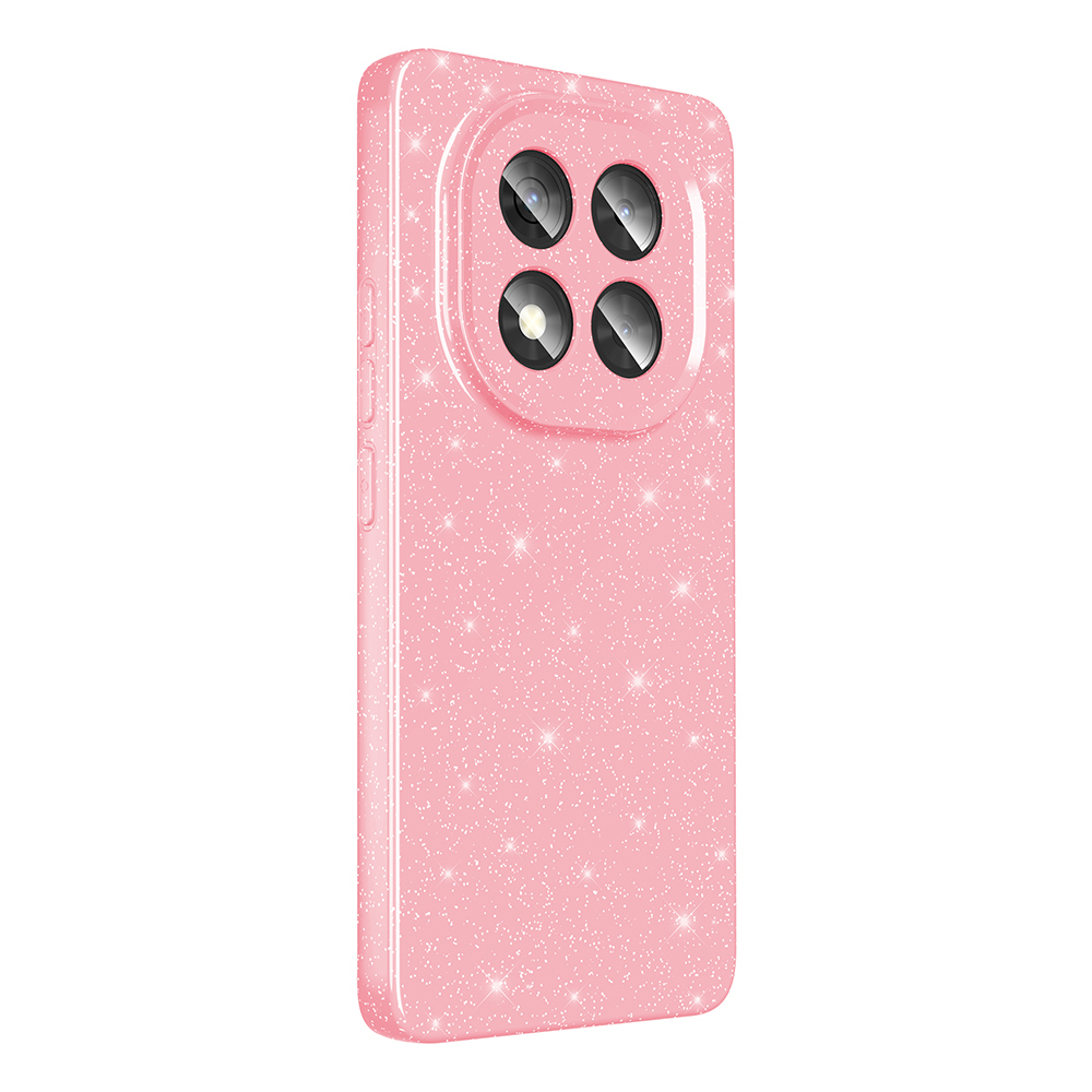 Işıltı efektli pembe bir telefon kılıfı. Dört kamera merceğine ve yan düğmelere sahiptir. Kılıf dikdörtgen şeklindedir.
