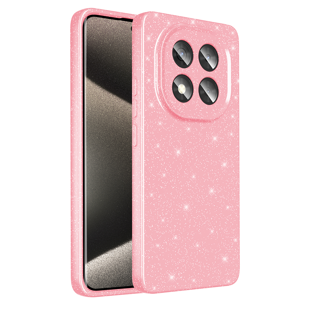 Dört kamera lensli pembe ışıltılı telefon kılıfı. Telefon ekranı siyah.