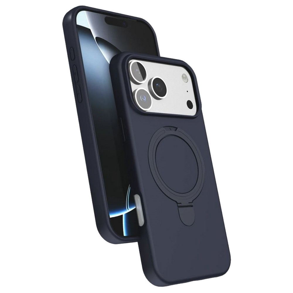 Koyu mavi bir telefon kılıfı ve iPhone. Kılıfın halka tutucusu var. iPhone'un kamerası görünür durumda.