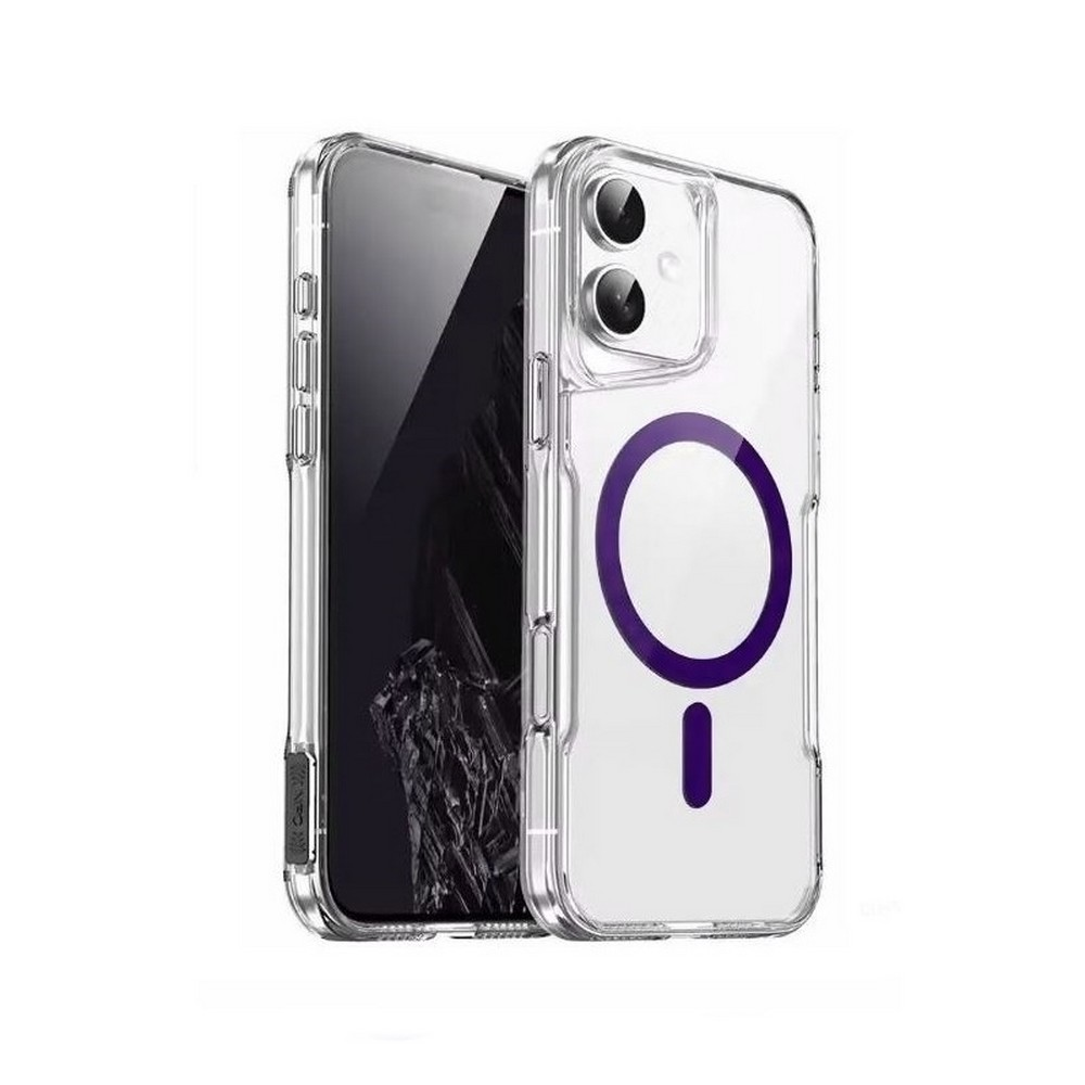 İçinde bir iPhone bulunan şeffaf telefon kılıfı. Kılıfın mor bir daire ve bir çizgisi var. Telefonun siyah bir ekranı var.