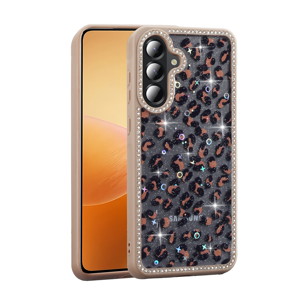 Leopar desenli ve yapay elmaslı bir telefon kılıfı. Ekran sol tarafta görünüyor.