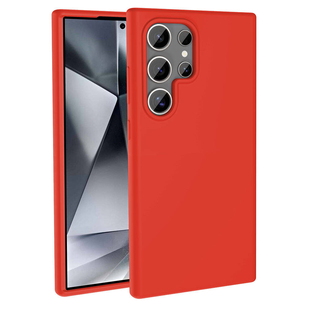 İçinde bir telefon bulunan kırmızı bir telefon kılıfı. Telefonun siyah bir ekranı var ve kılıfın kamera kesikleri var.