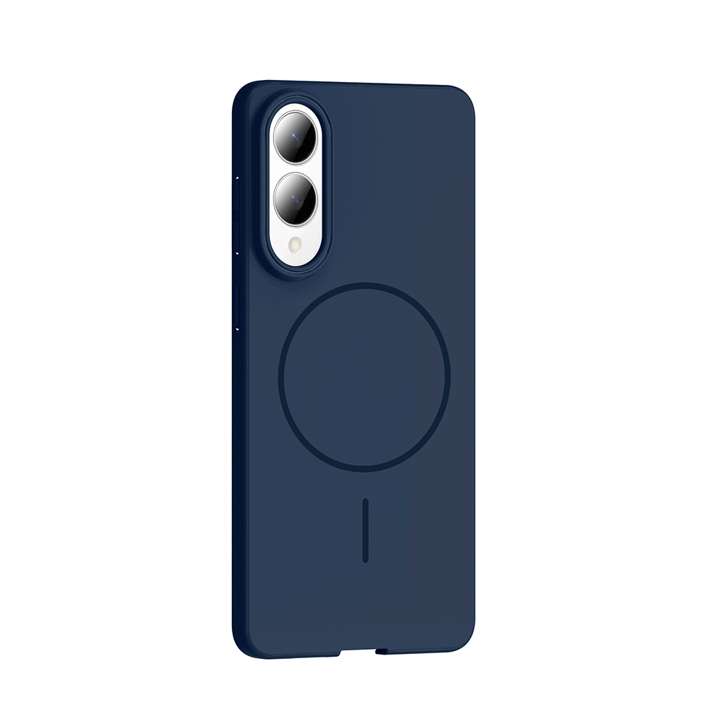 Lacivert bir telefon kılıfı. Arkasında dairesel bir özellik ve iki lensli bir kamera oyuğu var. Arka plan düz beyaz.