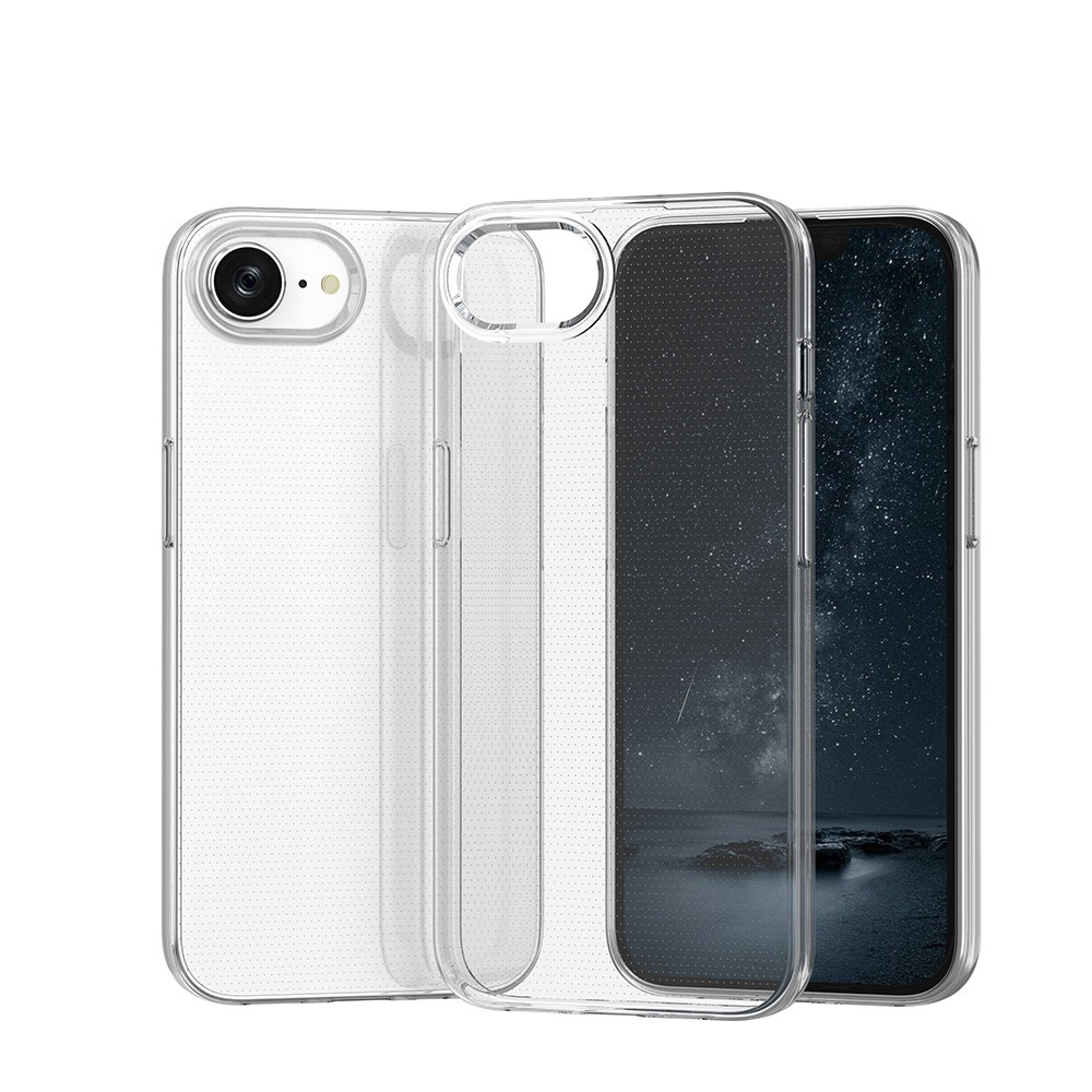 Bir telefonun içinde gece gökyüzü duvar kağıdı gösteren üç şeffaf telefon kılıfı. Kılıflar plastik, kamera açıklıklı.