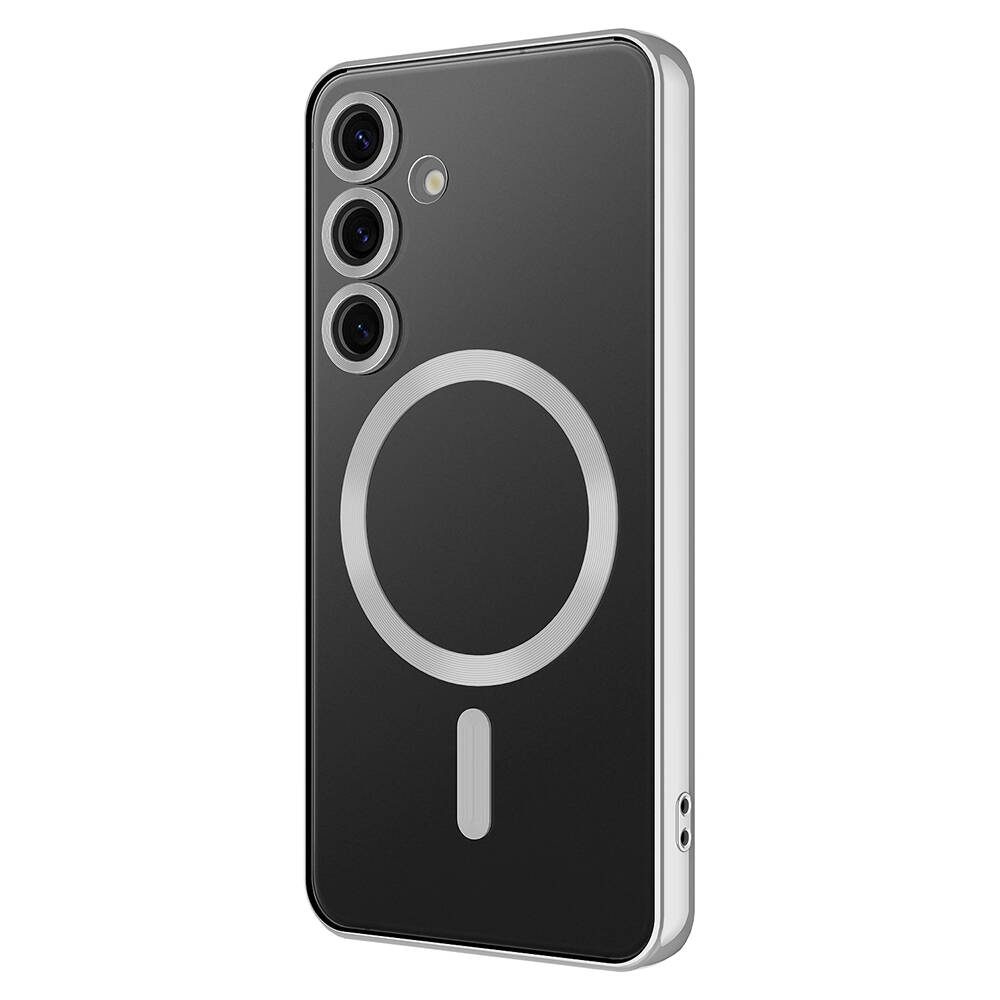 Gümüş çerçeveli siyah bir telefon kılıfı. Üç kamera merceği ve eksi işareti olan dairesel bir tasarıma sahip.