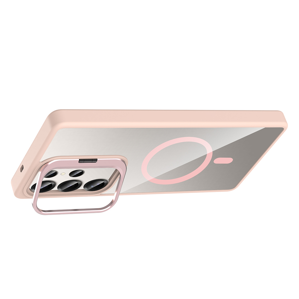 Pembe bir telefon kılıfı, şeffaf bir sırt ve bir halka tutucu ile. Kamera lensleri şeffaf bir bölümden görülebilir.