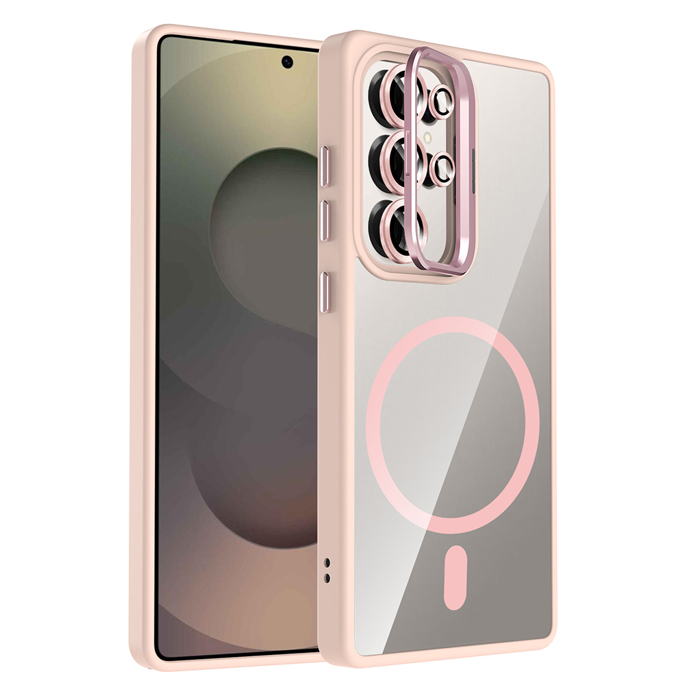 İki telefon kılıfı. Biri diğerinin içinde. Her ikisi de pembe. İç kılıfın arkası şeffaf, pembe bir daire ve dikdörtgen ile.