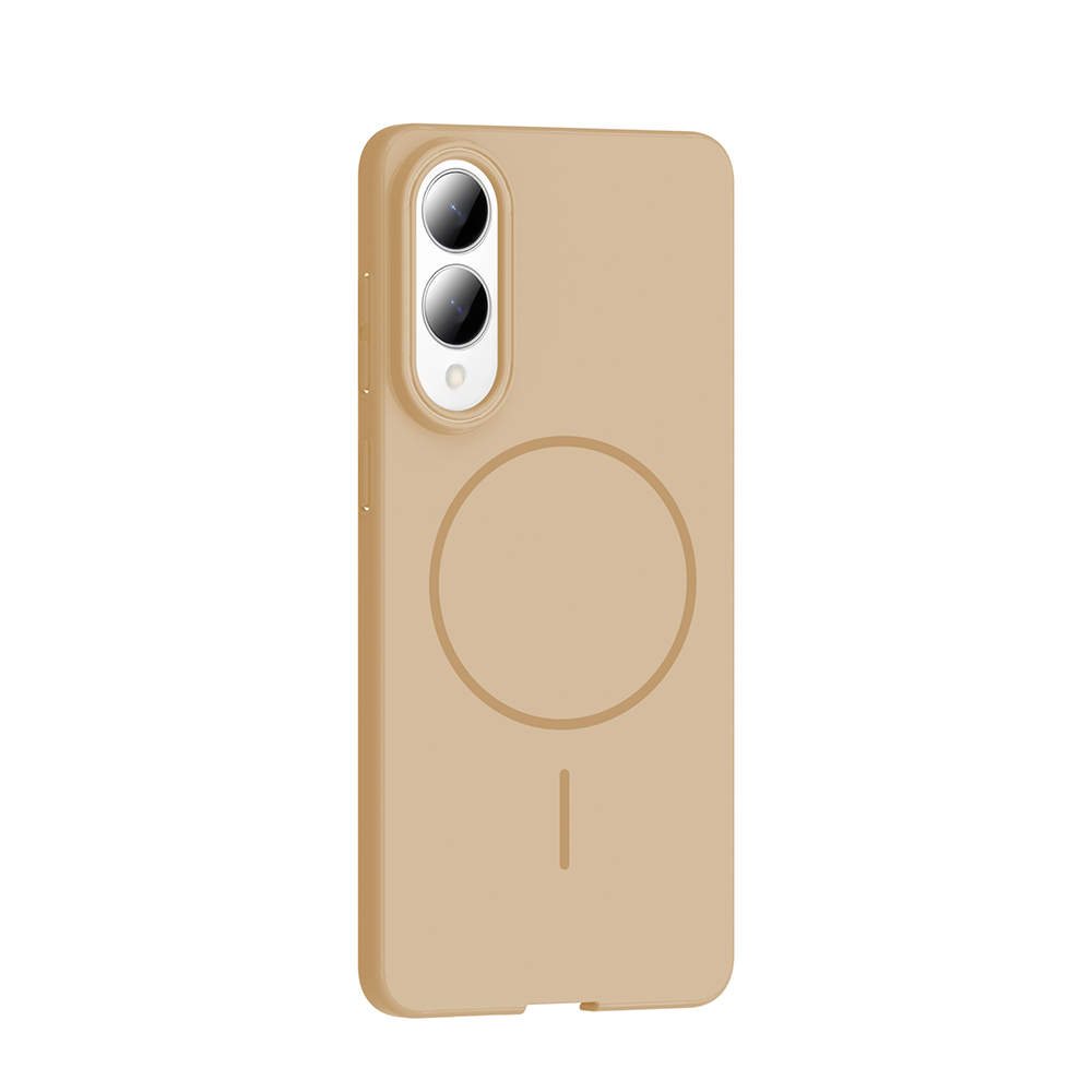 İki kamera lensli ten rengi telefon kılıfı. Arkada bir daire ve çizgi var. Kılıf dikdörtgen.