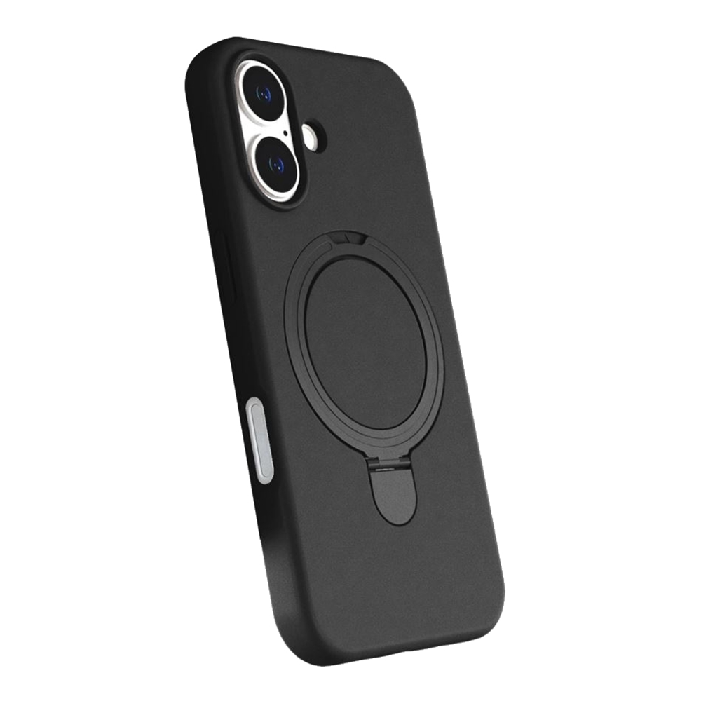 Halkalı tutucuya sahip siyah bir telefon kılıfı. Kılıfın kamera açıklığı ve düğmesi var. Arka plan düz beyaz.