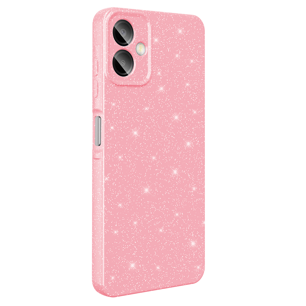 Pembe, parıltılı bir telefon kılıfı, kamera boşlukları ve yan düğmeler. Kılıf dikdörtgen ve parıltılı.