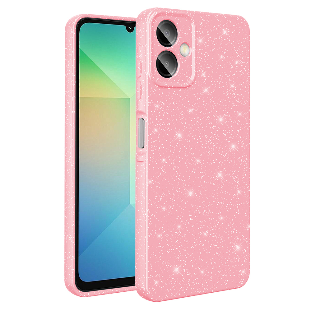 Simli pembe bir telefon kılıfı. Yanında kamera ve düğmeler var. Ekran siyahtır.