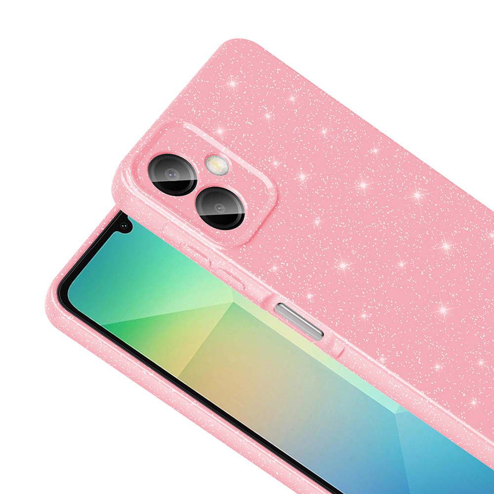 Yeşil ve sarı tasarım gösteren bir ekranı olan pembe parıltılı telefon kılıfı. Kılıfın iki kamera merceği ve bir yan düğmesi var.