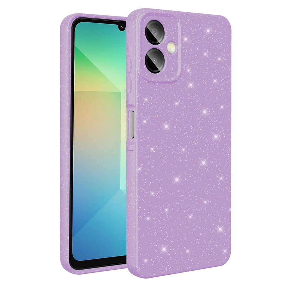 Simli ve telefon ekranlı mor bir telefon kılıfı. Kılıfın kamera kesikleri ve düğme kapakları var.