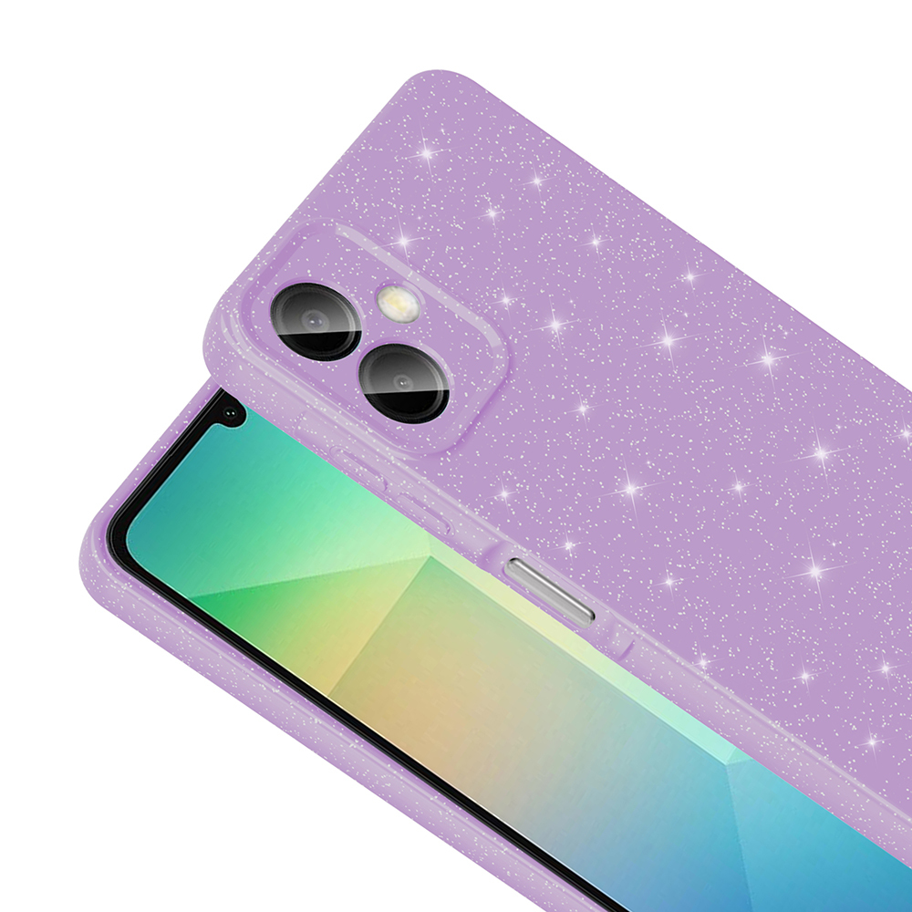 Glitterli mor telefon kılıfının yakın çekimi, telefon ekranı görünür. İki kamera lensi ve bir yan düğmesi var.