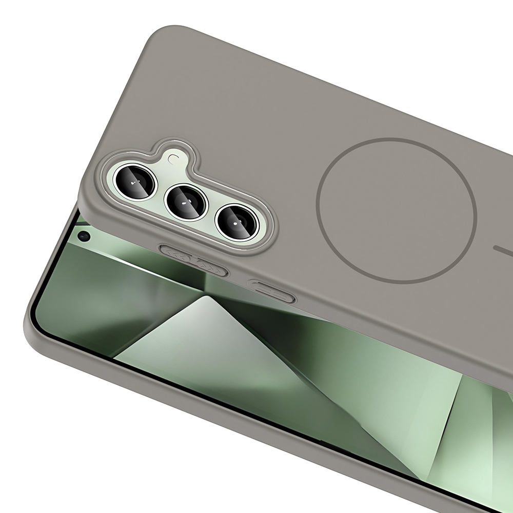 Gri telefon kılıfı, kamera modülü ve daire ile. Telefon ekranı kılıfın altında görünür.