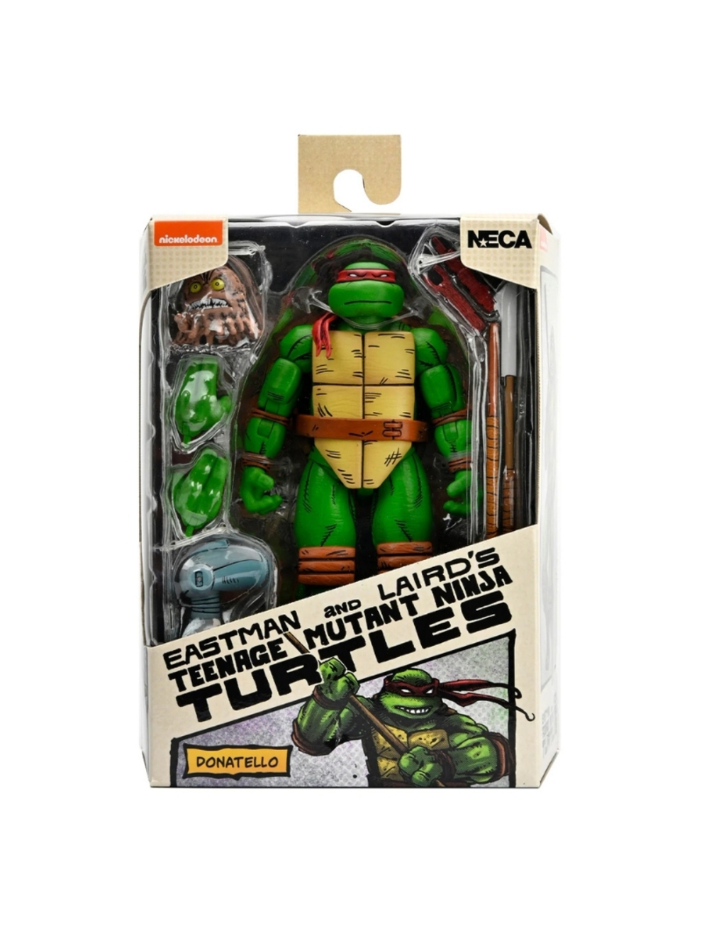 Bir Teenage Mutant Ninja Turtles aksiyon figürü kutuda. Figür yeşil, kırmızı maskeli. Diğer aksesuarlar dahildir.