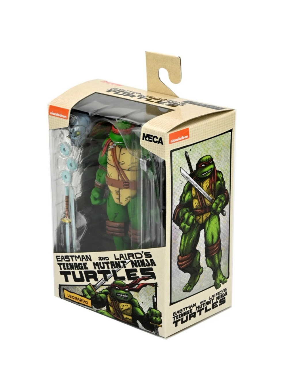 Bir Teenage Mutant Ninja Turtles aksiyon figürü kutuda. Figür yeşil renkte, kırmızı maske takıyor, kahverengi kemerli ve kılıç tutuyor.