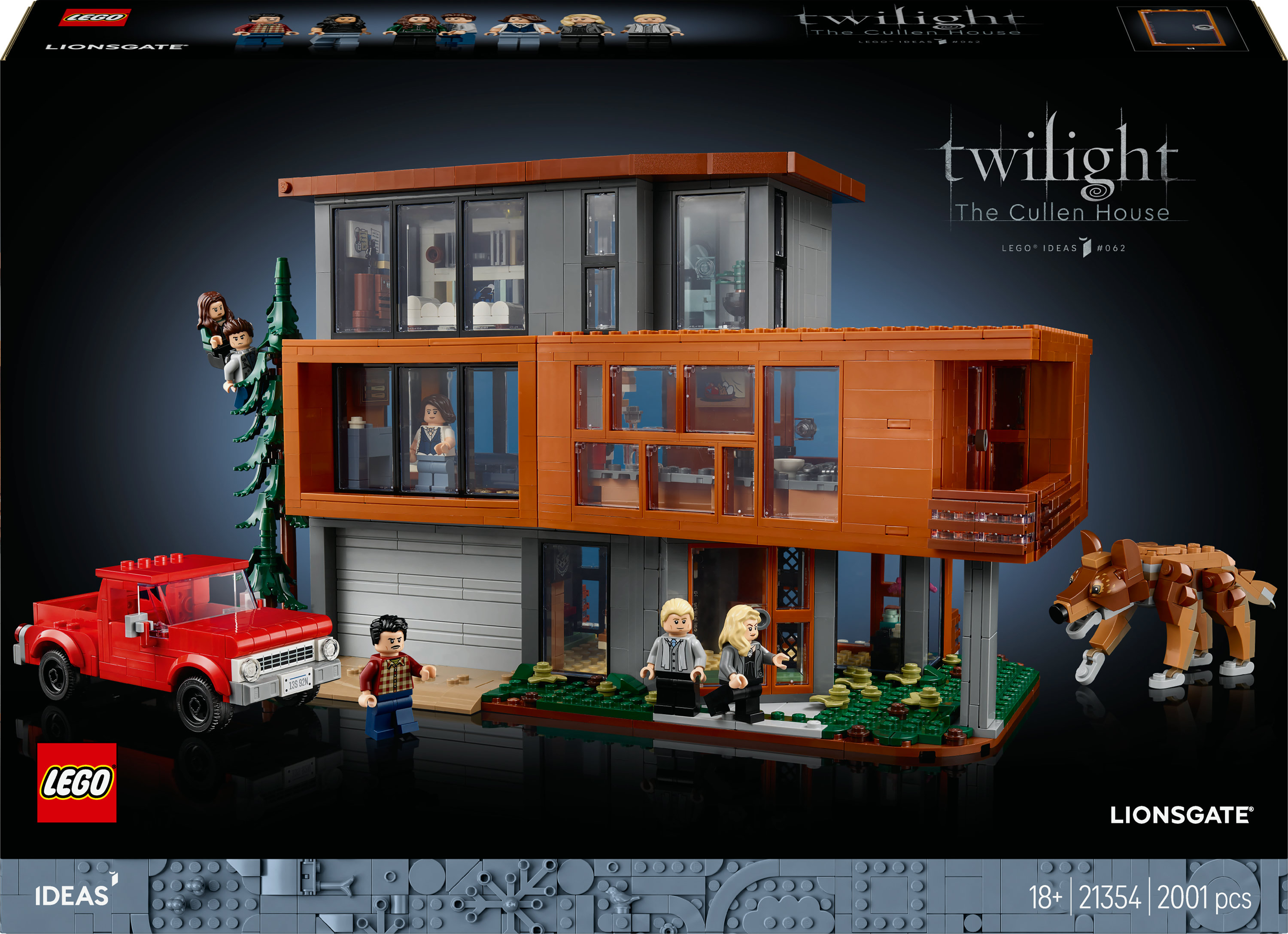 Zestaw Lego Domu Cullen z Zmierzchu, w tym postacie, czerwona ciężarówka i wilk Lego.