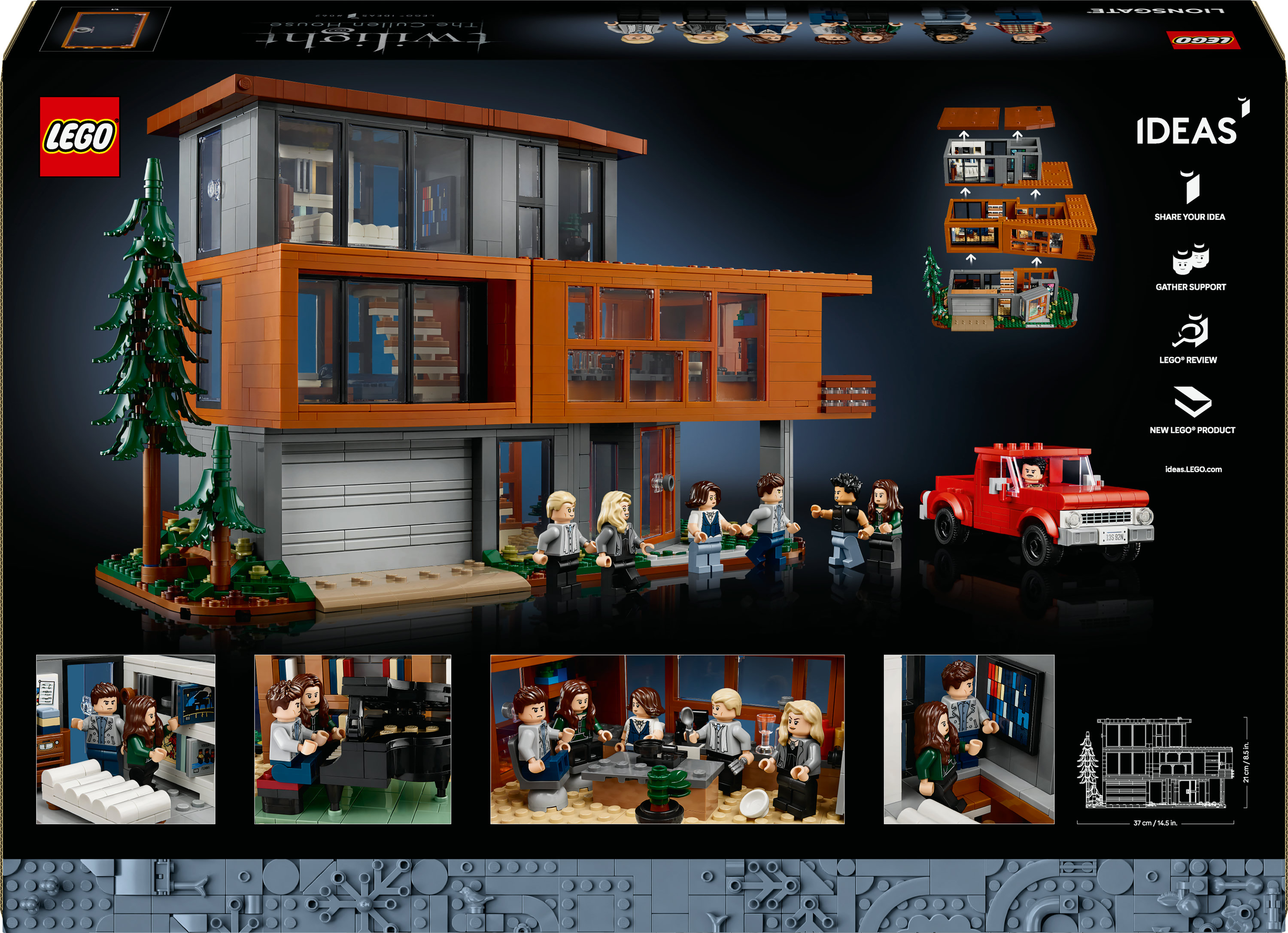 Zestaw LEGO Domu Cullen z Zmierzchu. Zawiera nowoczesny dom, minifigurki i czerwoną ciężarówkę.