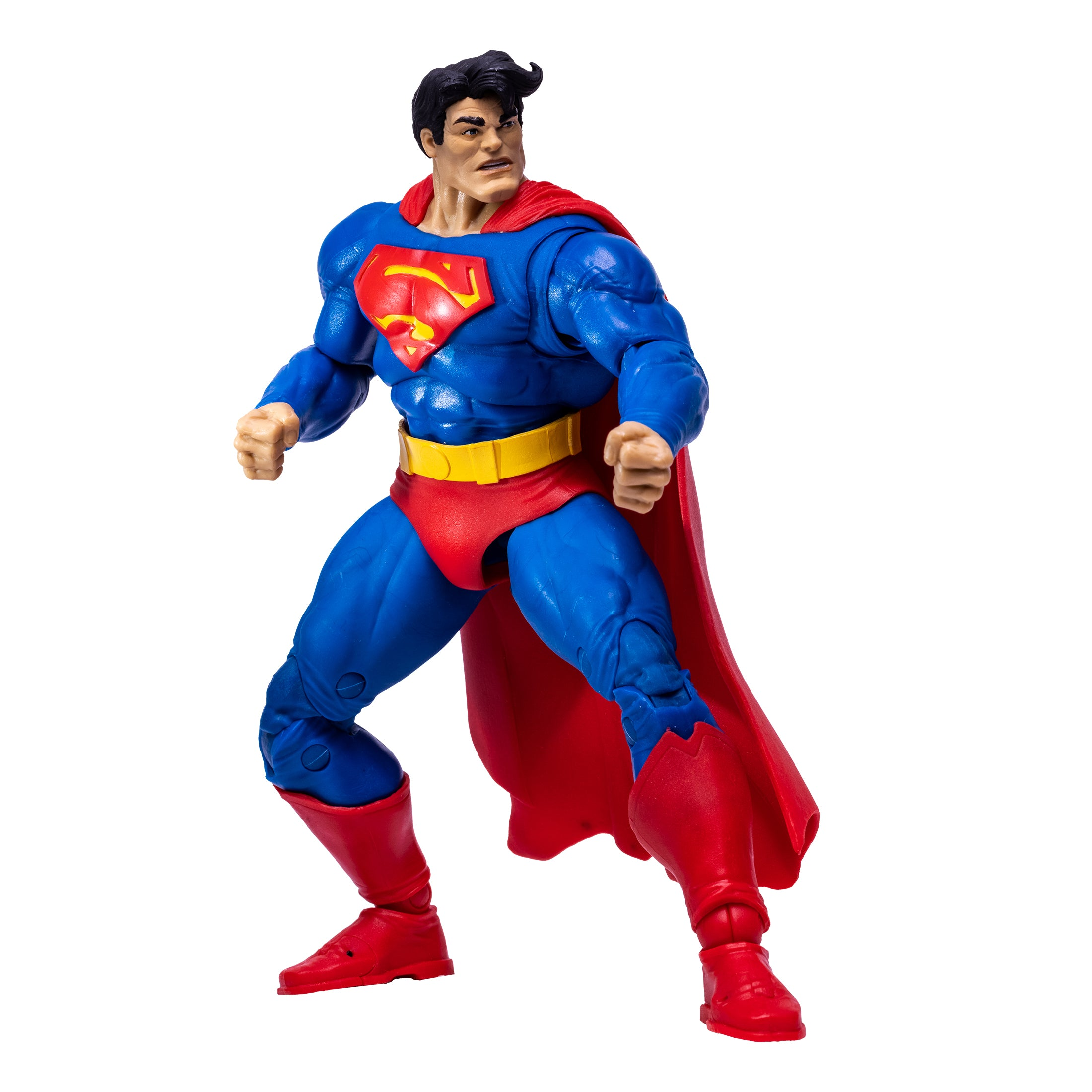 Superman-Actionfigur in blauem Anzug, rotem Umhang, Stiefeln und Hose. Gelber Gürtel, starke Pose und ernster Gesichtsausdruck.
