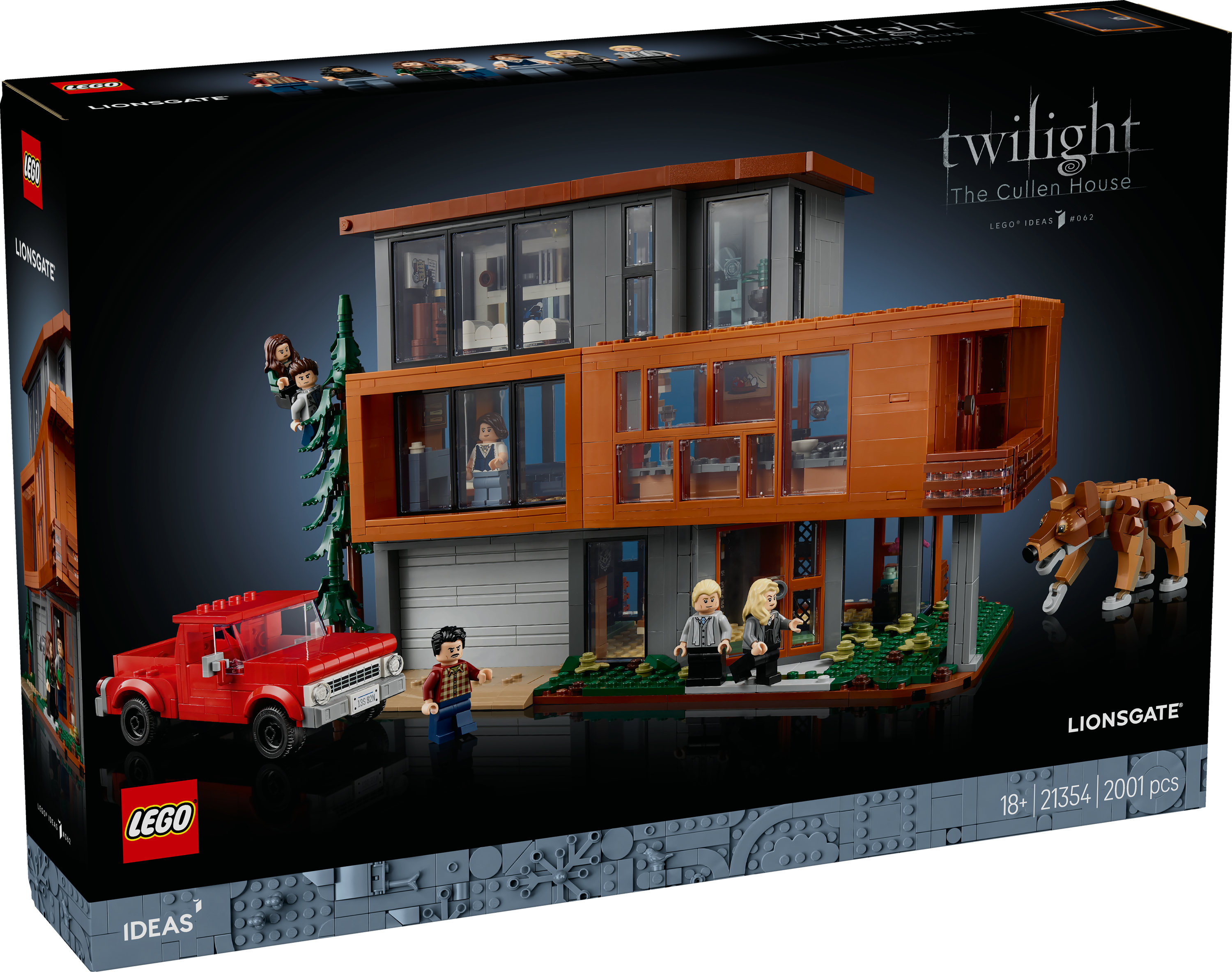 Grafika pudełka zestawu LEGO. Cullen House z Zmierzchu. Zawiera figurki Lego, czerwoną ciężarówkę i wilka.
