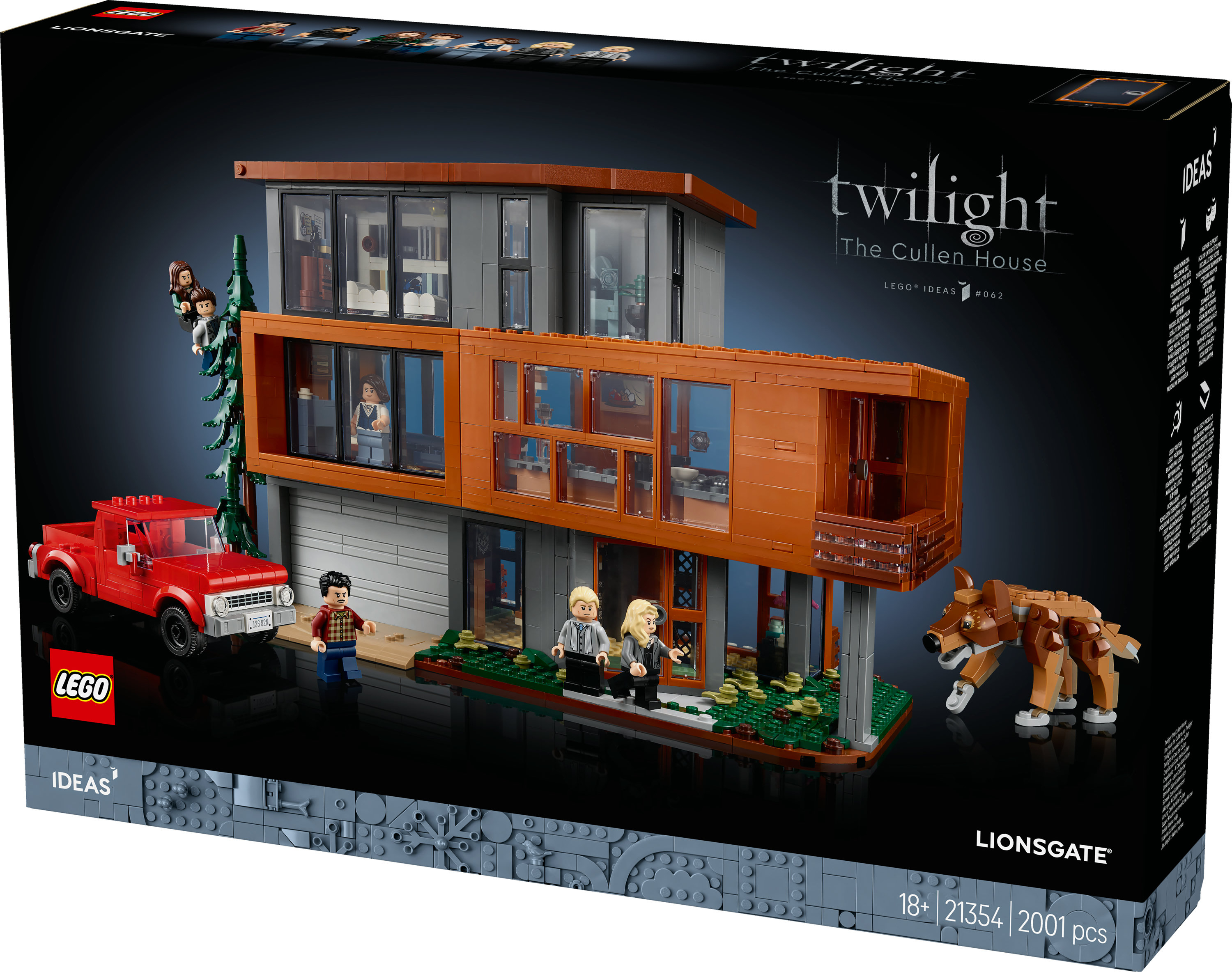 Zestaw Lego Twilight Cullen House. Zawiera czerwoną ciężarówkę, minifigurki, psa Lego i nowoczesny dom.