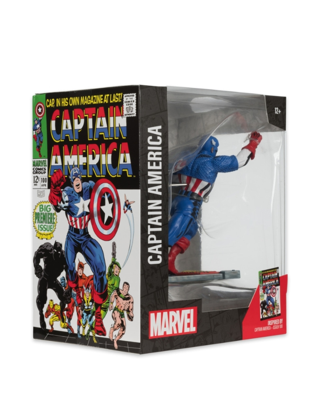 Ambalajında Kaptan Amerika aksiyon figürü. Kutu, çizgi roman sanatını ve Marvel logosunu içerir. Figür mavi, kırmızı ve beyazdır.
