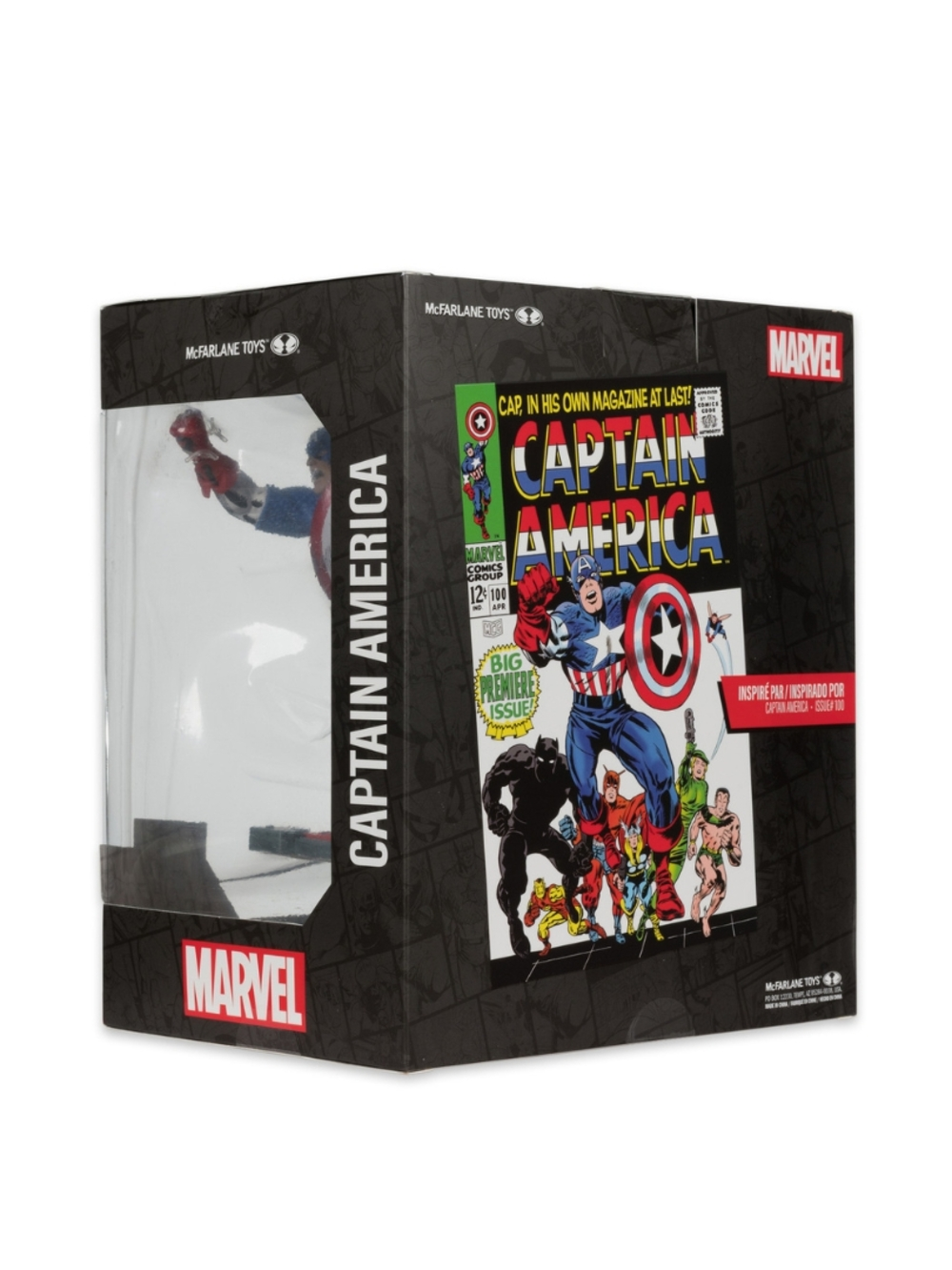 Kaptan Amerika aksiyon figürü kutuda. Kutuda Kaptan Amerika çizgi roman sanatı yer alıyor. Marvel ve McFarlane Toys logoları görünür.