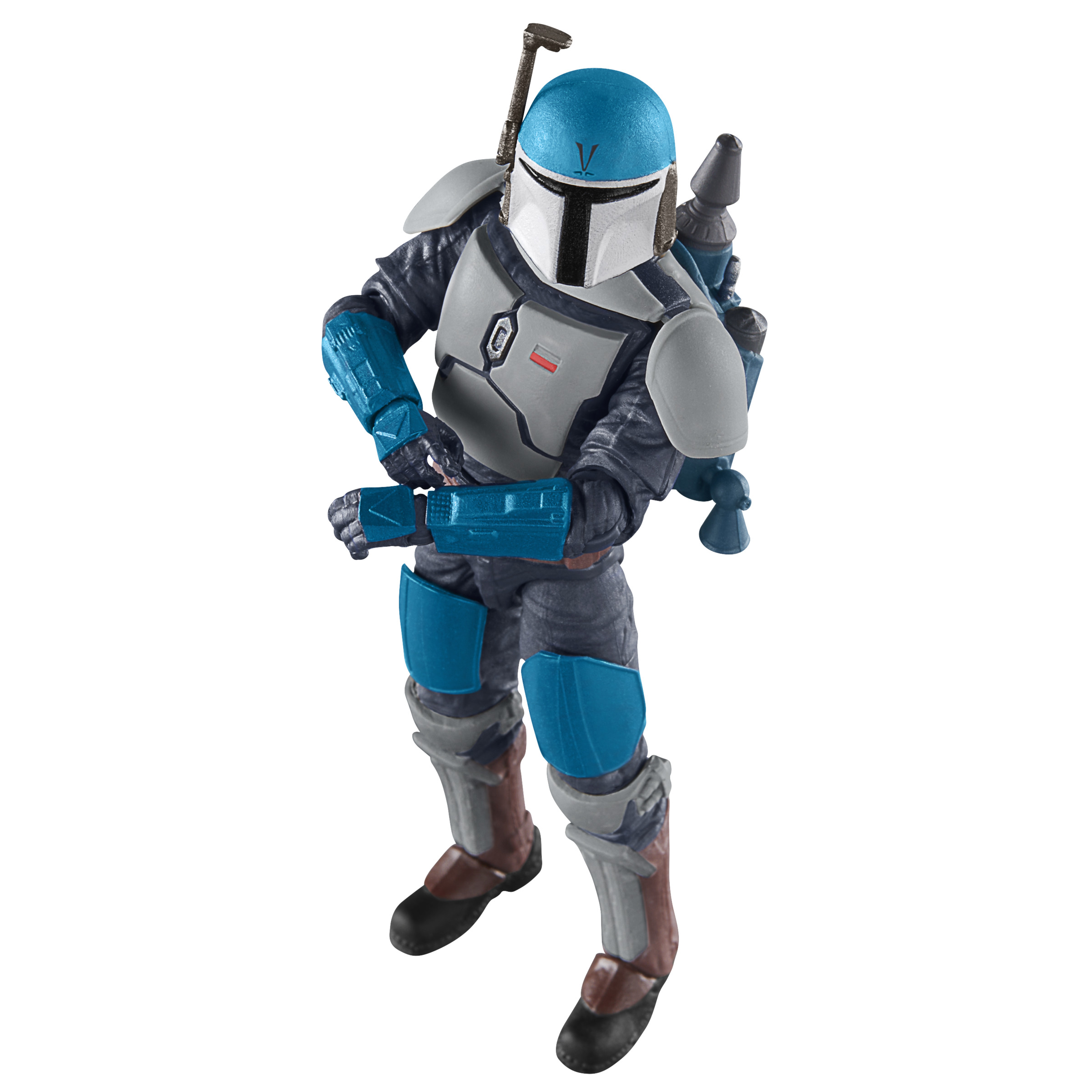 Beyaz bir arka plan üzerinde bir Star Wars aksiyon figürü. Mavi ve gri zırhlı bir Mandalorian.