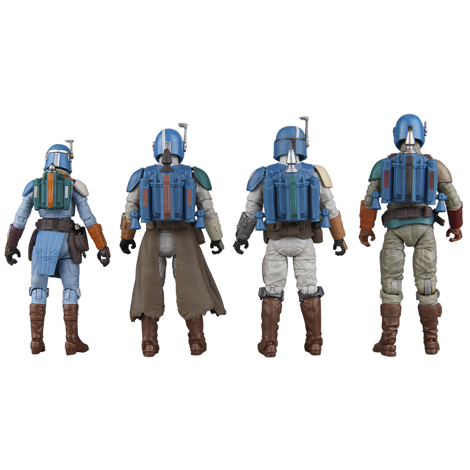 Mandalorian karakterlerinin dört aksiyon figürü, arkadan görünüm. Mavi kasklar, jetpack'ler ve çeşitli zırh renkleri giyiyorlar. Beyaz zemin.