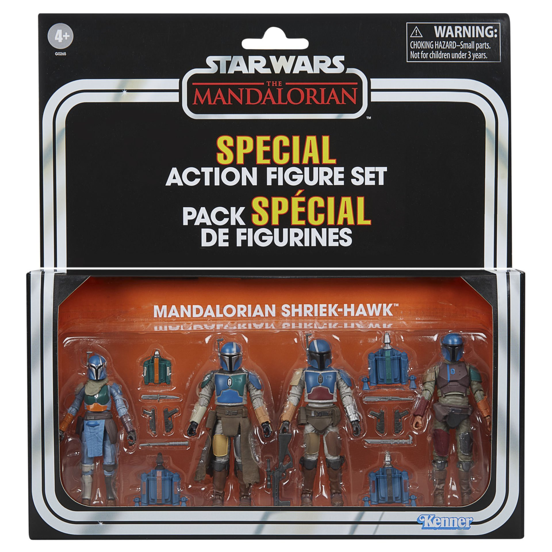 Bir Star Wars Mandalorian aksiyon figür seti. Kutu, Mandalorian Shriek-Hawk figürlerini gösteriyor. Aksesuarlar ve bir uyarı etiketi içerir.