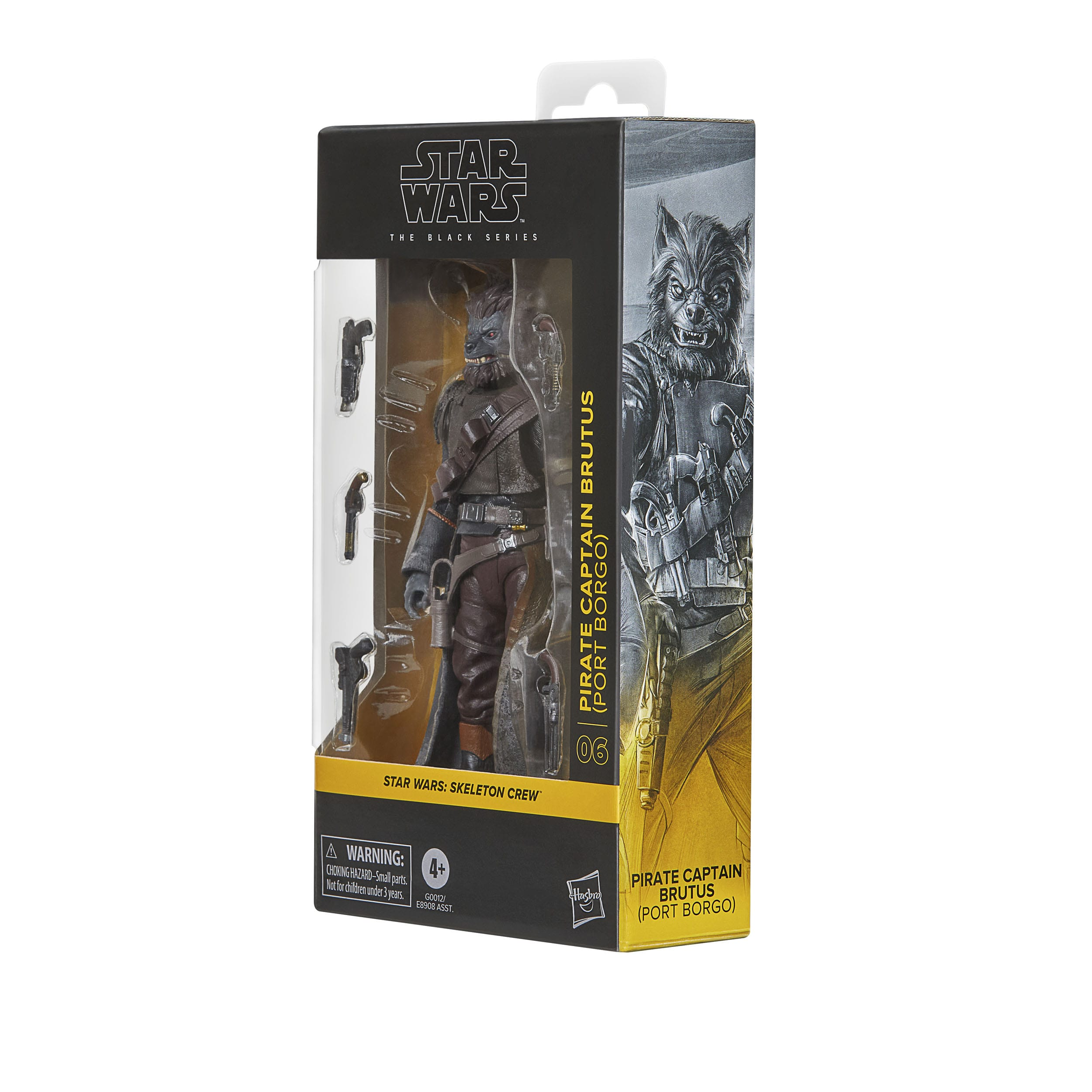 Eine Star Wars-Actionfigur in einer Box mit der Figur Pirate Captain Brutus. Die Box ist schwarz und gelb.