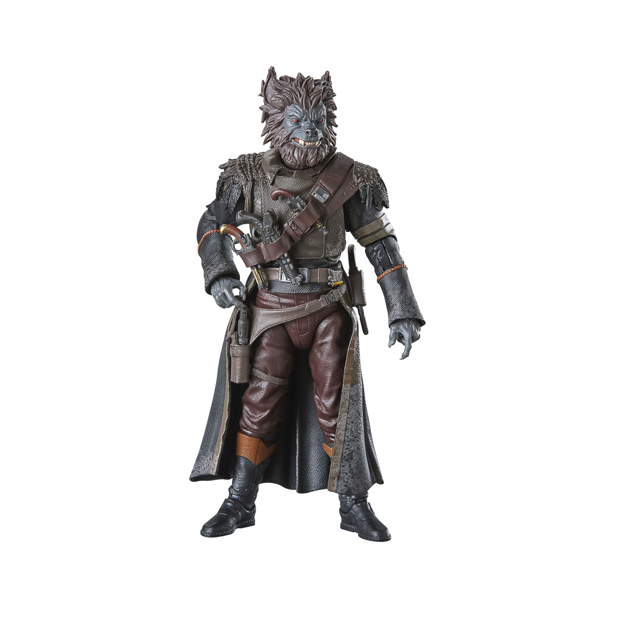 Una figura de acción de Star Wars de una criatura con cabeza de lobo, que lleva un abrigo y sostiene un arma, sobre un fondo blanco.