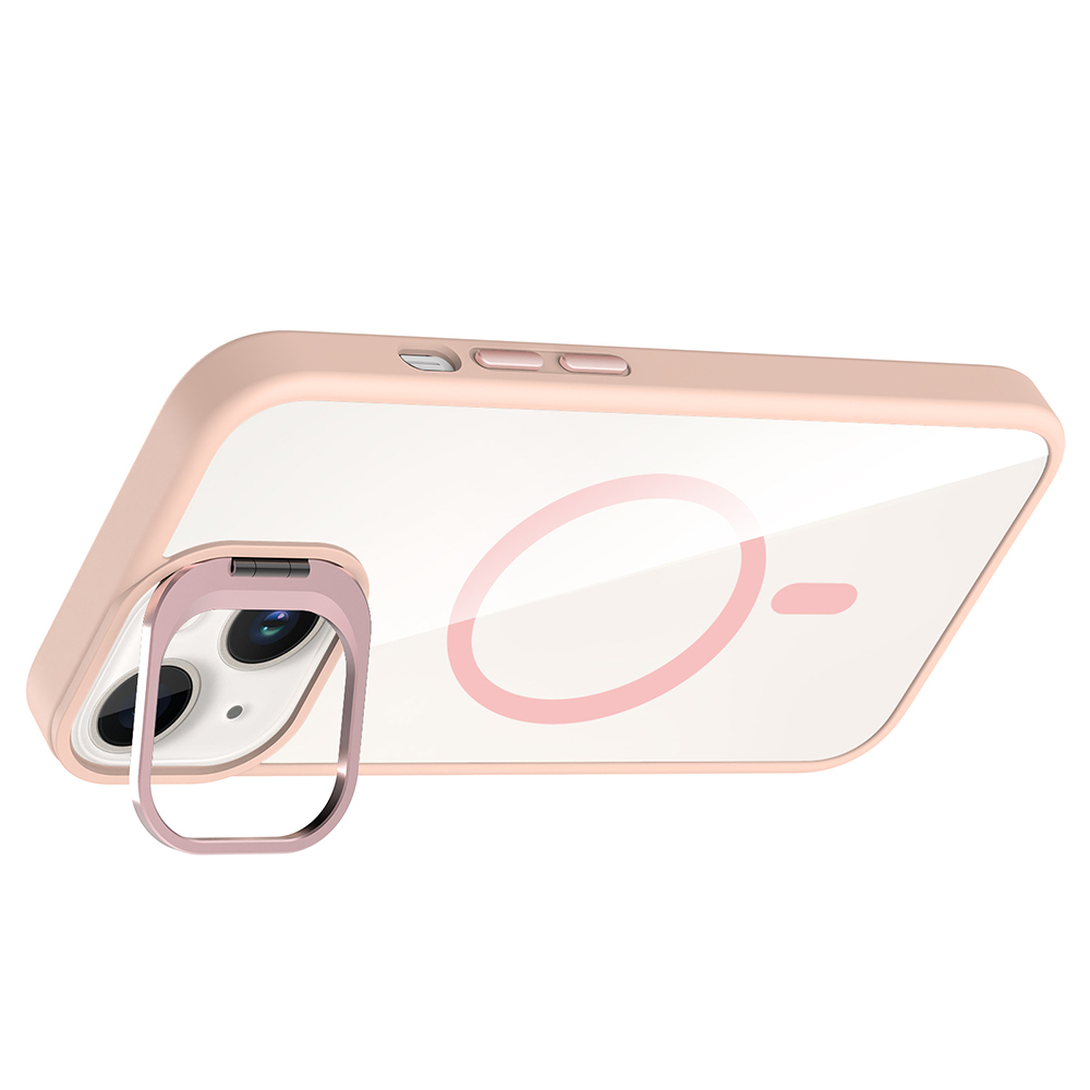 Şeffaf arka ve kamera etrafında pembe bir halka bulunan pembe bir telefon kılıfı. Telefonun kamerası görülebilir.